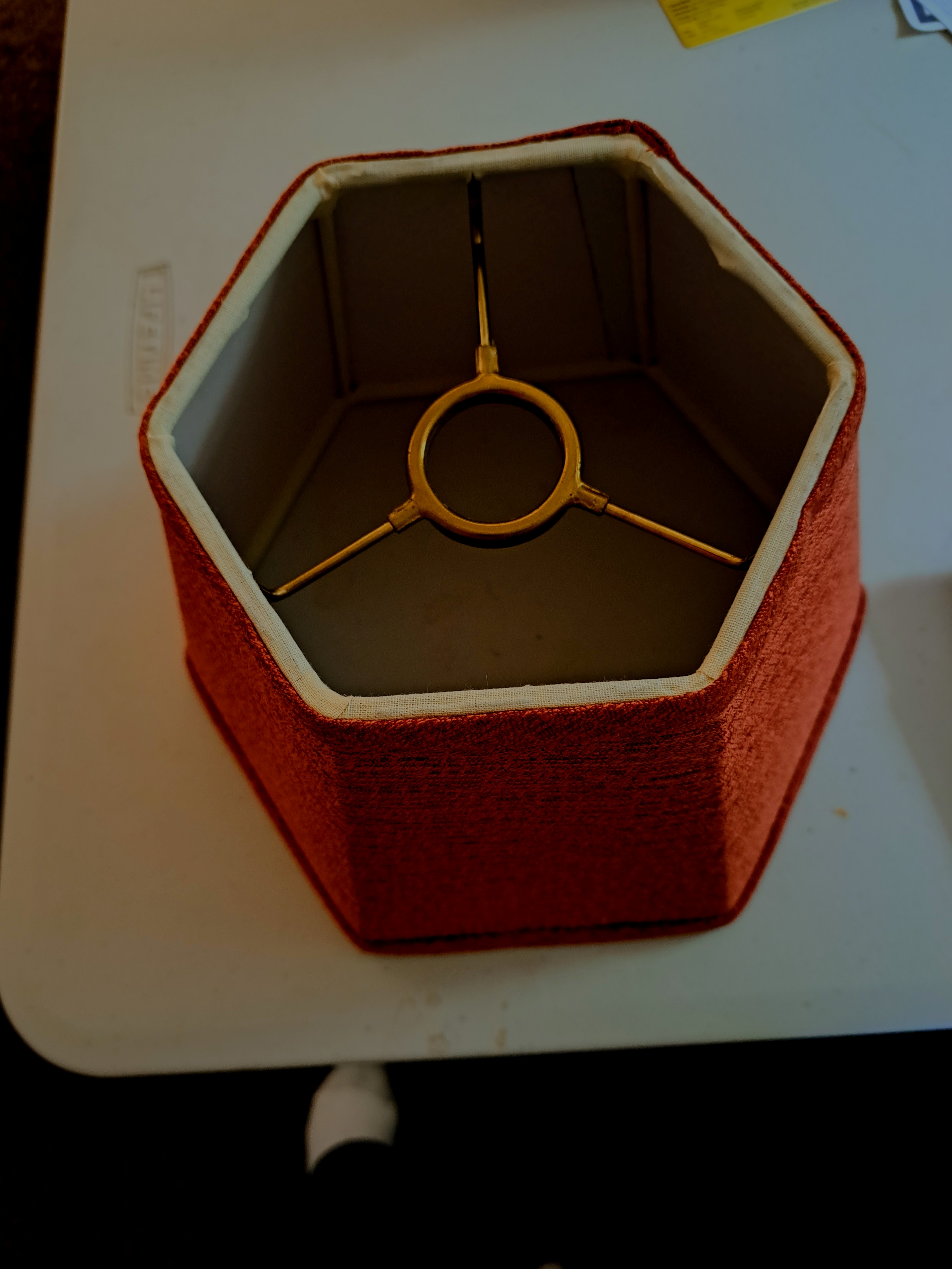 Lampshade hexigon with unofitter rust color measuring 5.5x9x7