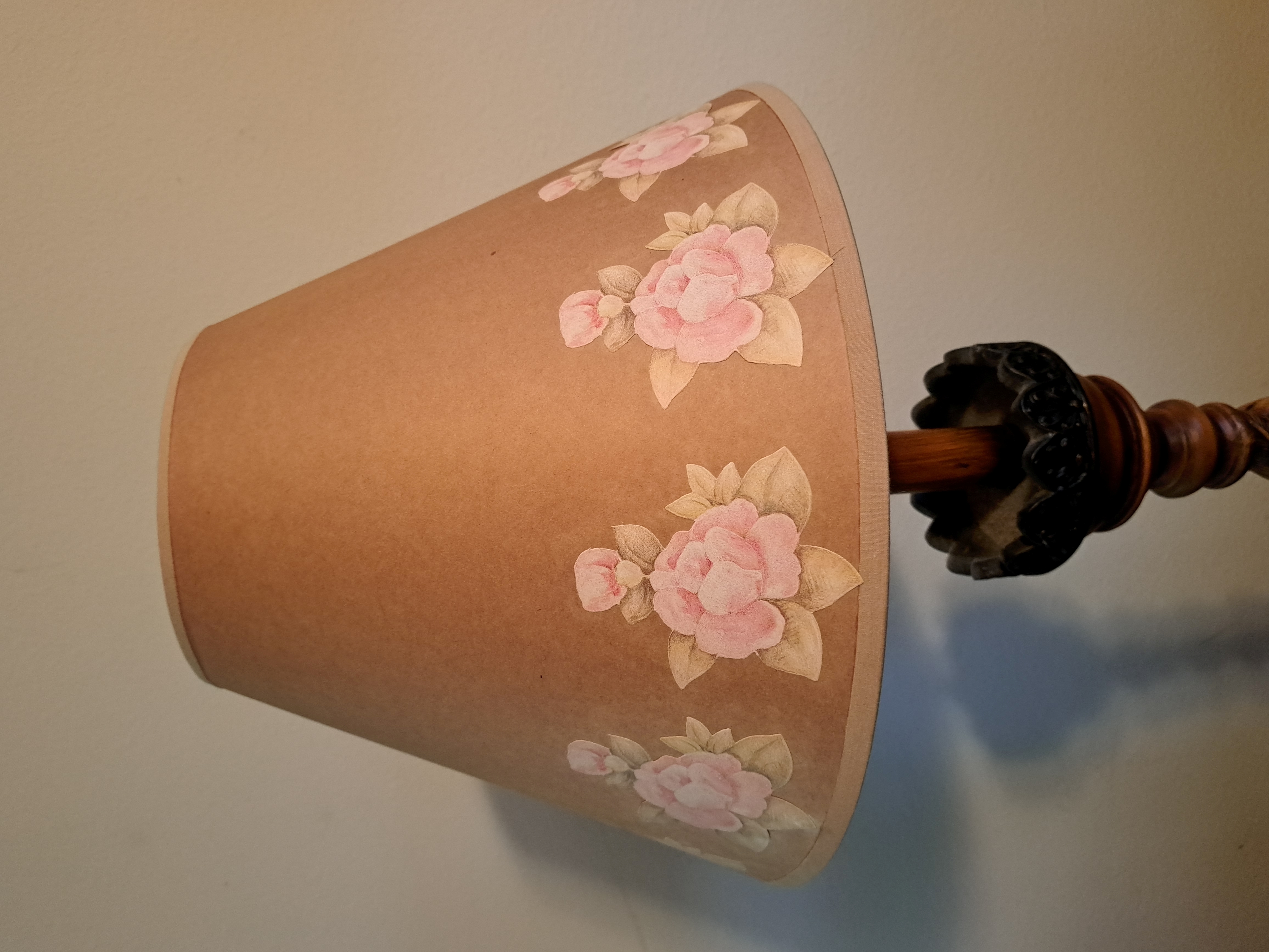 Lampshade HB Empire Tan lampshade paper on styrene with pink floral designs 6x14x10