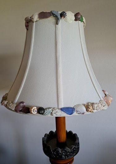 Lampshade handsewn bell off white not lite trimmed with sea shells and sea glass 5x12x9