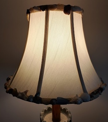 Lampshade handsewn bell off white trimmed with shells and seaglass 5x12x9