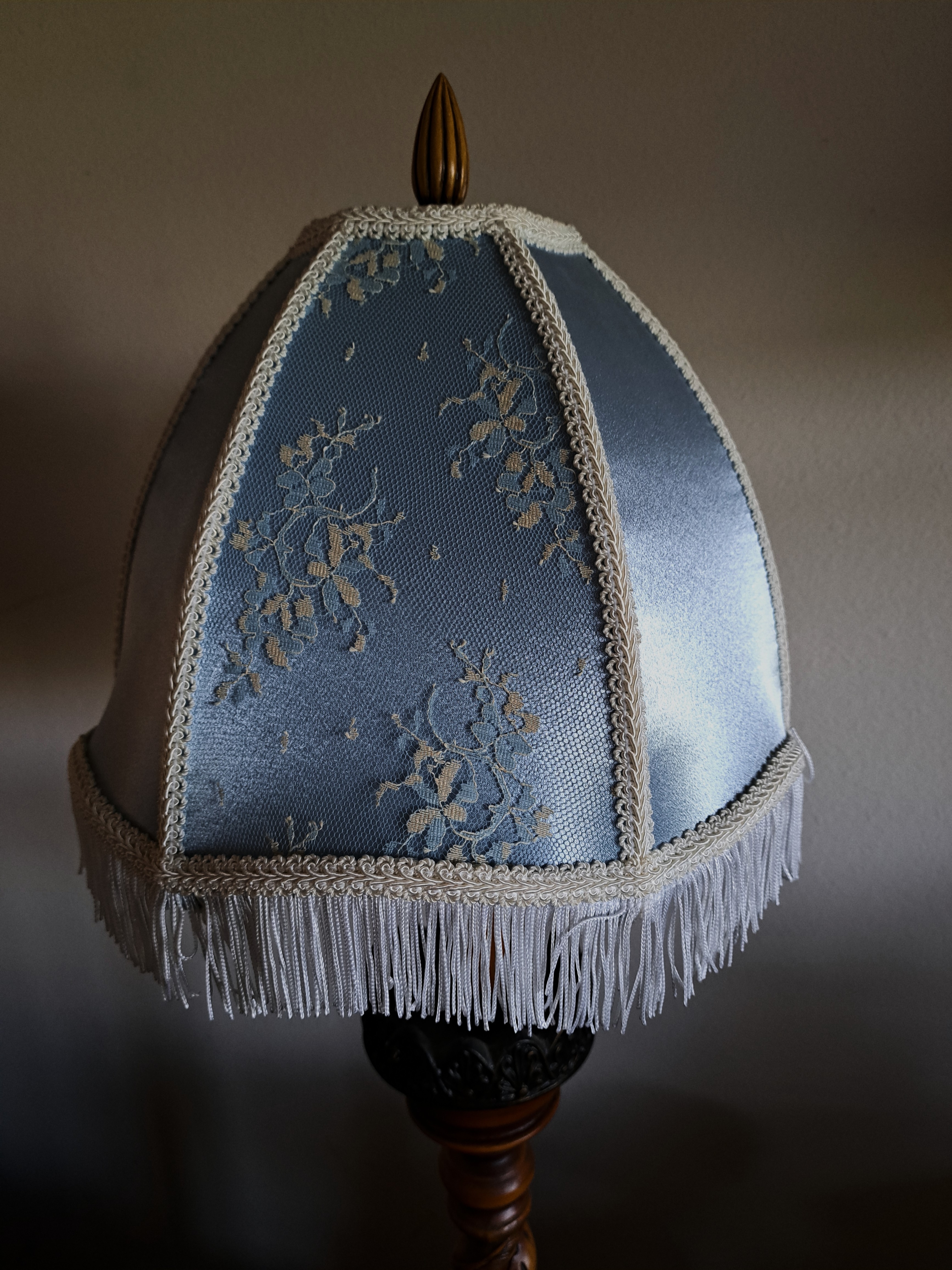 Lampshade hand sewn lite blue with white fringe 4x12x9