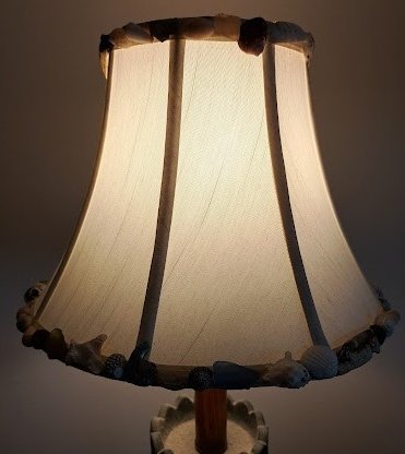 Lampshade handsewn bell off white trimmed with shells and seaglass 5x12x9
